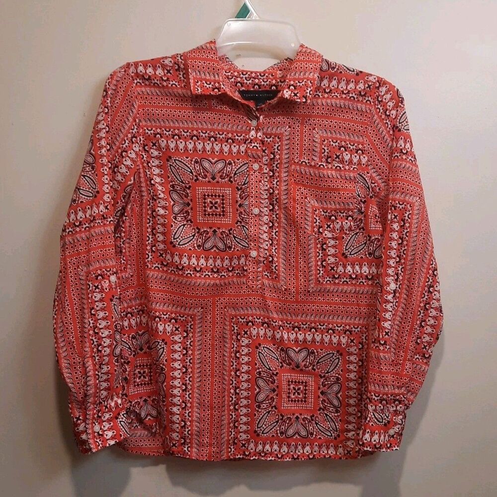 Tommy Hilfiger Women’s L Geometric Print Button Down Shirt Blouse Made in India